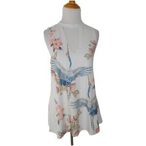 Gaze Women Asian Inspired Swing Tank Choker Neck Crane Floral Print Small